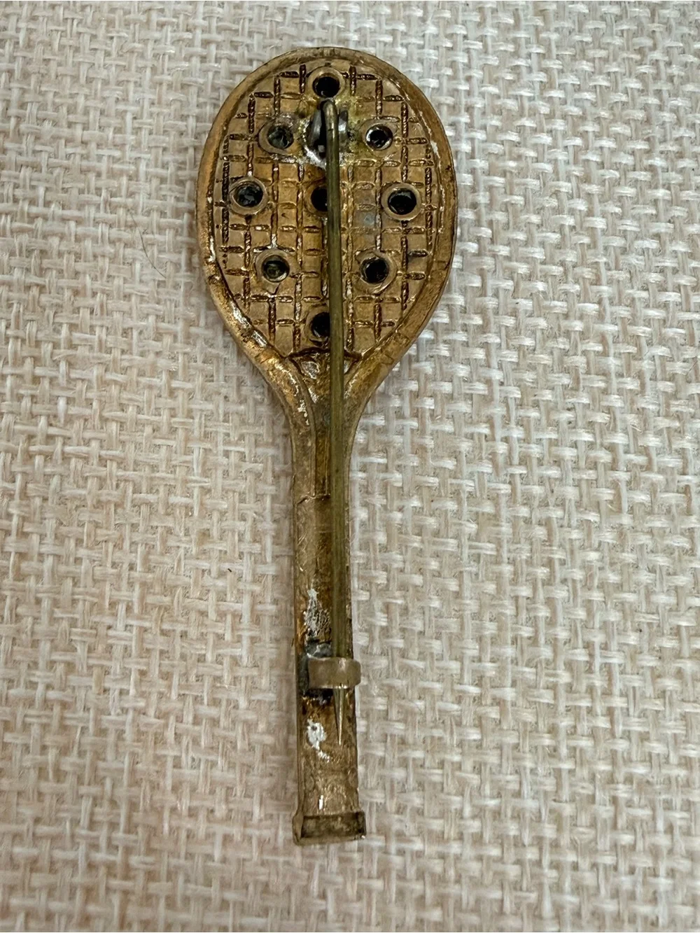 Vintage Tennis Racket Rhinestone Brooch Pin Gold Tone Retro Sports Jewelry